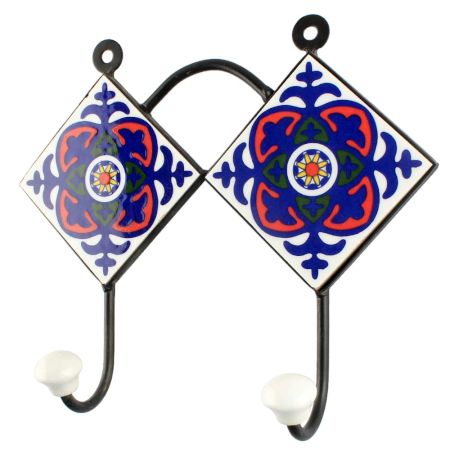 Navy Blue Floral Ceramic Tile Hook